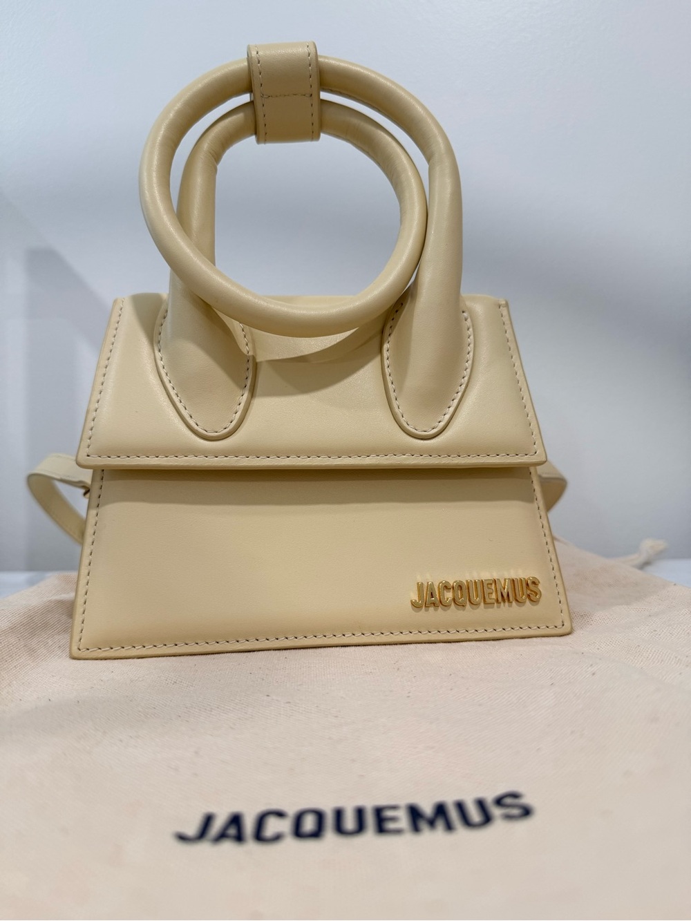 Jacquemus Mini Top-Handle Bag in Beige with Gold Logo